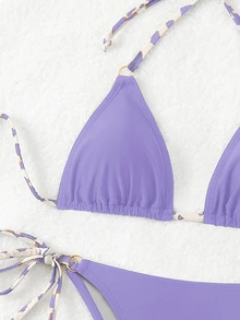 Swim Basics مجموعة ملابس سباحة نسائية صيفية بلون متباين، بيكيني بربطة عنق وسروال مثلث مثير - متعدد الألوان - مشاهدة 4