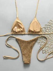 Costavie Swim MOD 2 Pieces Spring/Summer Vacation Sequin Textured Fabric Halter Triangle Bikini Top and Side Tie Bikini Bottom Sexy Women's Swimwear Set - Khaki - View 2