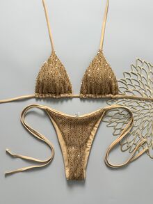 Costavie Swim MOD 2 Pieces Spring/Summer Vacation Sequin Textured Fabric Halter Triangle Bikini Top and Side Tie Bikini Bottom Sexy Women's Swimwear Set - Khaki - View 8