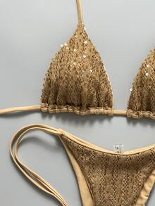 Costavie Swim MOD 2 Pieces Spring/Summer Vacation Sequin Textured Fabric Halter Triangle Bikini Top and Side Tie Bikini Bottom Sexy Women's Swimwear Set - Khaki - View 5