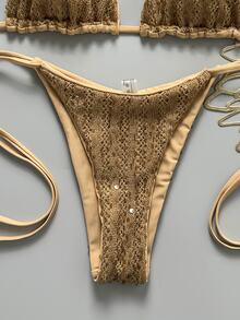 Costavie Swim MOD 2 Pieces Spring/Summer Vacation Sequin Textured Fabric Halter Triangle Bikini Top and Side Tie Bikini Bottom Sexy Women's Swimwear Set - Khaki - View 6