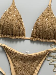 Costavie Swim MOD 2 Pieces Spring/Summer Vacation Sequin Textured Fabric Halter Triangle Bikini Top and Side Tie Bikini Bottom Sexy Women's Swimwear Set - Khaki - View 4