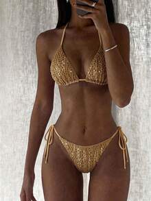 Costavie Swim MOD 2 Pieces Spring/Summer Vacation Sequin Textured Fabric Halter Triangle Bikini Top and Side Tie Bikini Bottom Sexy Women's Swimwear Set - Khaki - View 3