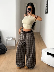 Coolane 女款秋季保暖休閒時尚優雅深灰色棕色格紋彈性腰寬鬆大廓型寬腿居家長褲 - 黑/綠 - 查看 6