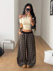 Coolane 女款秋季保暖休閒時尚優雅深灰色棕色格紋彈性腰寬鬆大廓型寬腿居家長褲 - 黑/綠 - 查看 3