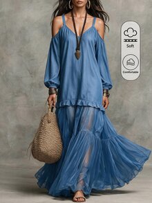 Omancia Gaun Maxi Chiffon Patchwork Lengan Lentera Bahu Terbuka Wanita Warna Biru Muda Musim Gugur Gaya Boho - Biru - View 4