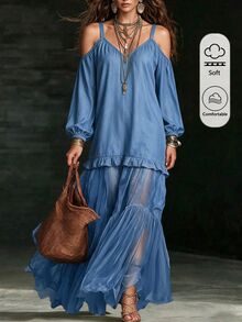 Omancia Gaun Maxi Chiffon Patchwork Lengan Lentera Bahu Terbuka Wanita Warna Biru Muda Musim Gugur Gaya Boho - Biru - View 3