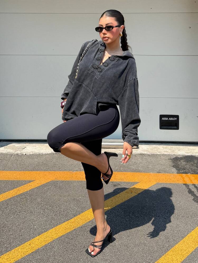 Muchica Plus-Size Women's Solid Color Retro Distressed Hooded Casual Long-Sleeved Sweatshirt Chinese Knot Buttons Pocket Design Autumn Vacation Black - Black - View 6