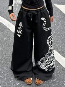 Coolane 女款秋季街頭風休閒外出黑色寬鬆大廓形寬腿虎紋圖案印花舒適運動長褲 - 黑色 - 查看 6