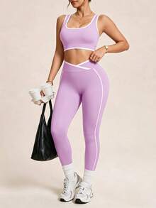 SHEIN Rhythm Era Women's Colorblock Top And Leggings Casual Daily Sports Set - Mauve Purple - View 5