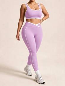 SHEIN Rhythm Era Women's Colorblock Top And Leggings Casual Daily Sports Set - Mauve Purple - View 6