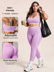 SHEIN Rhythm Era Women's Colorblock Top And Leggings Casual Daily Sports Set - Mauve Purple - View 1