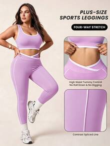 SHEIN Rhythm Era Women's Colorblock Top And Leggings Casual Daily Sports Set - Mauve Purple - View 3