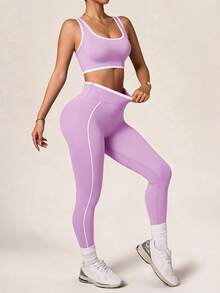 SHEIN Rhythm Era Women's Colorblock Top And Leggings Casual Daily Sports Set - Mauve Purple - View 4