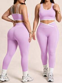 SHEIN Rhythm Era Women's Colorblock Top And Leggings Casual Daily Sports Set - Mauve Purple - View 2