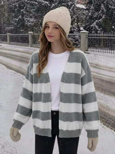 SHEIN 1pc Girls' Cardigan Sweater, Fashion Classic Colorblock Striped V-Neck Drop Shoulder Long Sleeve, Casual Slouchy, Regular Thickness, Neat Hem, Smooth Touch, Suitable For Daily Wear, Outings, Gatherings, Spring And Autumn
