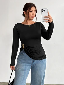 Firerie Plus Size Women's Solid Color Fitted Versatile Daily Wear Long Sleeve T-Shirt - Black - View 6
