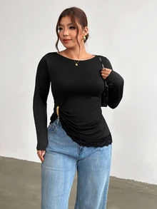 Firerie Plus Size Women's Solid Color Fitted Versatile Daily Wear Long Sleeve T-Shirt - Black - View 5