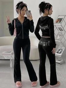 SHEIN Girlism KIDS Teen Girls Black 2Pcs Velvet Hoodie Sweatshirt And Pants Set Pullover Matching Tracksuit Casual Fall Winter Outfit Perfect For New Year - Black - View 3