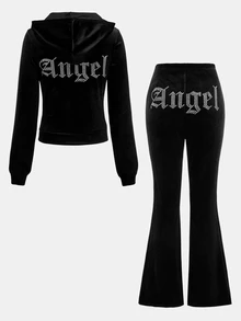 SHEIN Girlism KIDS Teen Girls Black 2Pcs Velvet Hoodie Sweatshirt And Pants Set Pullover Matching Tracksuit Casual Fall Winter Outfit Perfect For New Year - Black - View 4