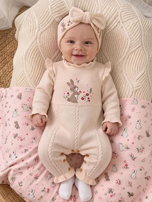 SHEIN Baby Girls Newborn Knit Romper, One-Piece Jumpsuit, Rabbit Embroidery, Ruffle Trim, Suitable For Autumn/Winter, Soft - Apricot - View 1