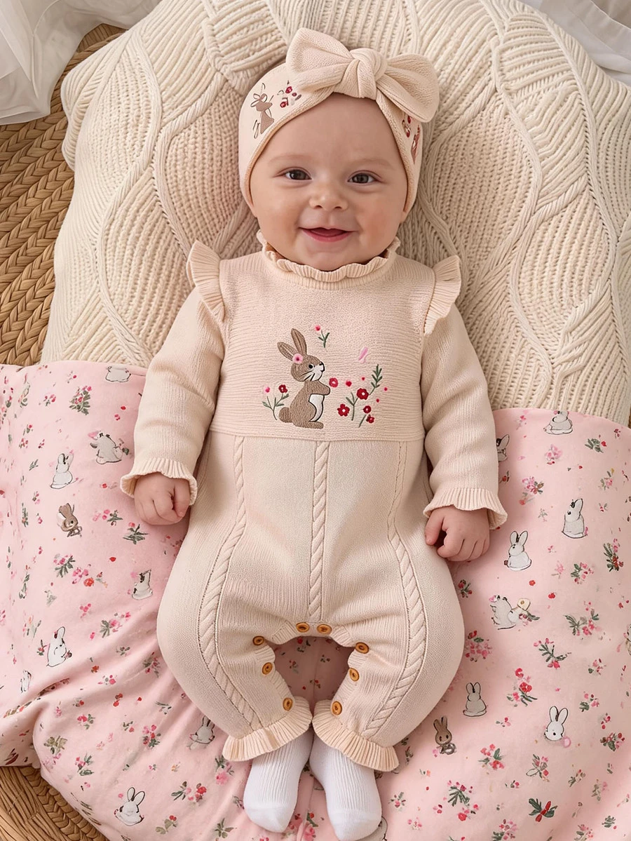 SHEIN Baby Girls Newborn Knit Romper, One-Piece Jumpsuit, Rabbit Embroidery, Ruffle Trim, Suitable For Autumn/Winter, Soft - Apricot - View 1