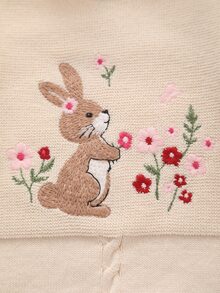 SHEIN Baby Girls Newborn Knit Romper, One-Piece Jumpsuit, Rabbit Embroidery, Ruffle Trim, Suitable For Autumn/Winter, Soft - Apricot - View 3