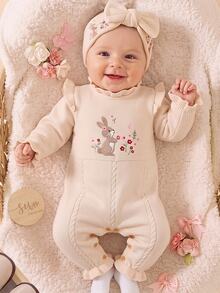 SHEIN Baby Girls Newborn Knit Romper, One-Piece Jumpsuit, Rabbit Embroidery, Ruffle Trim, Suitable For Autumn/Winter, Soft - Apricot - View 8