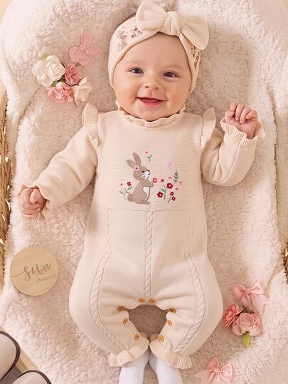 SHEIN Baby Girls Newborn Knit Romper, One-Piece Jumpsuit, Rabbit Embroidery, Ruffle Trim, Suitable For Autumn/Winter, Soft