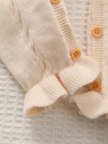 SHEIN Baby Girls Newborn Knit Romper, One-Piece Jumpsuit, Rabbit Embroidery, Ruffle Trim, Suitable For Autumn/Winter, Soft - Apricot - View 6
