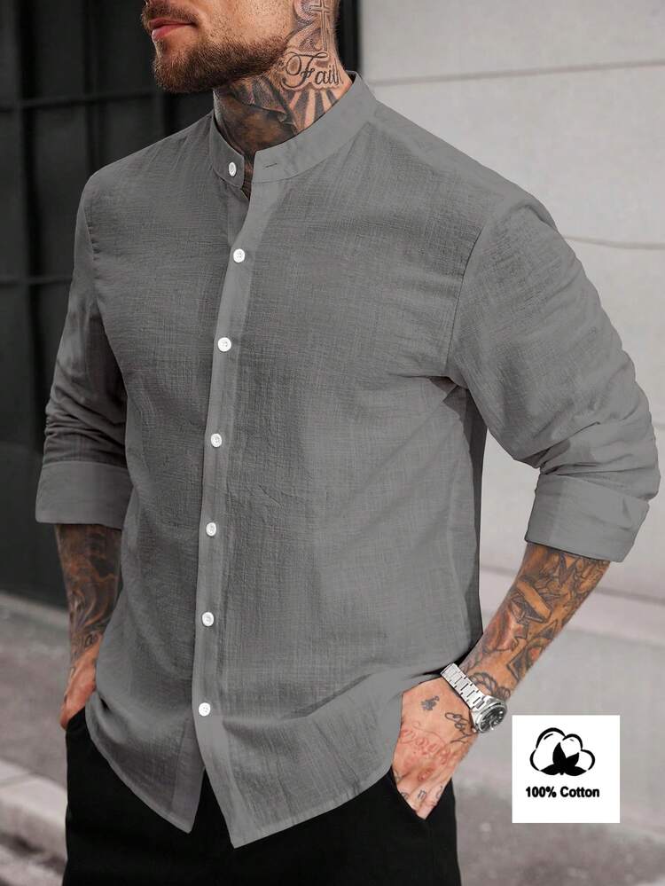 Manfinity CasualCool Men's Casual Versatile Commuter Solid Color Shirt - Dark Grey - View 2
