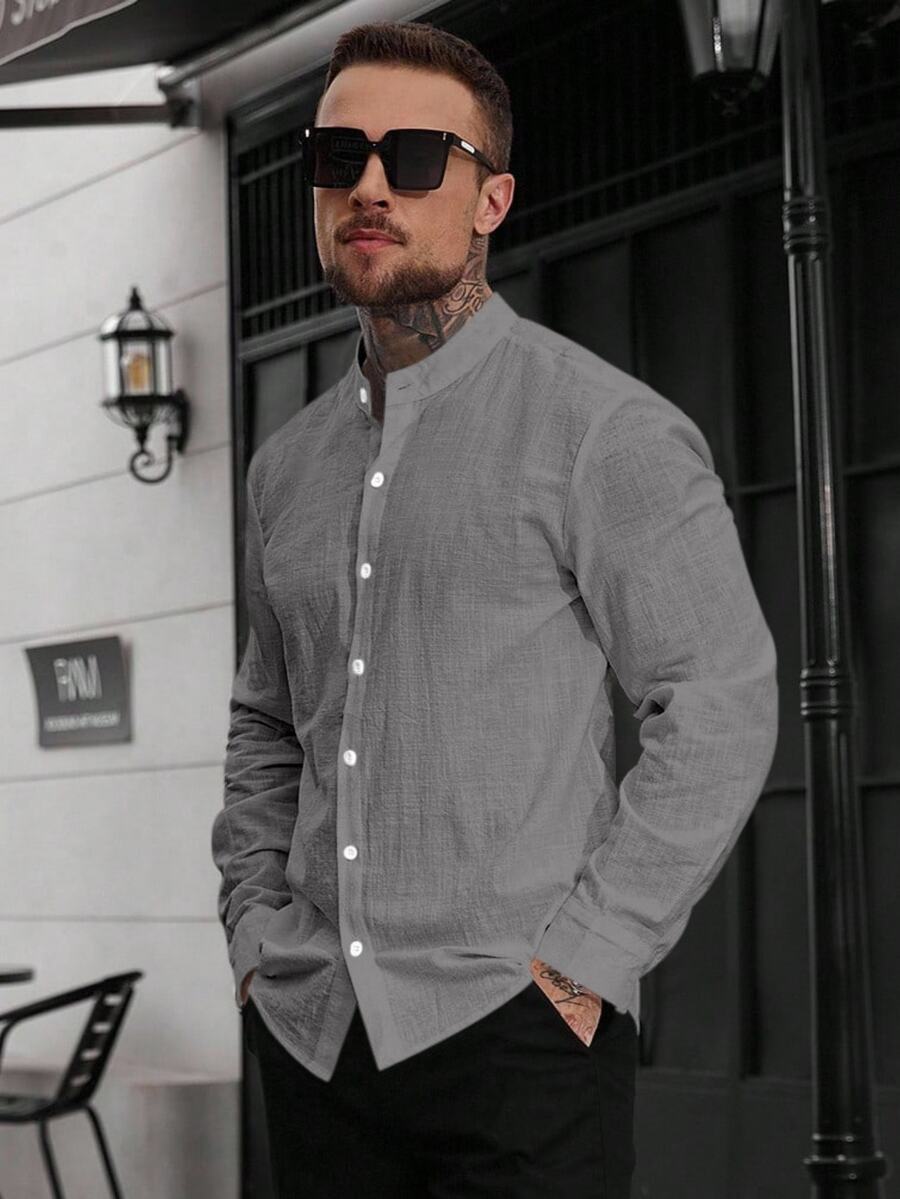 Manfinity CasualCool 男士休閒百搭通勤純色襯衫 - 深灰色 - 查看 1