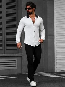 Manfinity CasualCool Men's Contrast Color Lapel Long Sleeve Single-Breasted Casual Shirt - Black and White - View 4