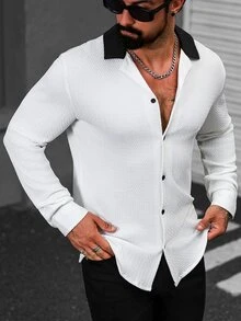 Manfinity CasualCool Men's Contrast Color Lapel Long Sleeve Single-Breasted Casual Shirt - Black and White - View 3