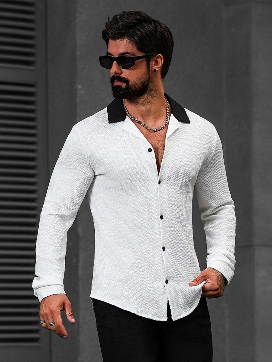 Manfinity CasualCool Men's Contrast Color Lapel Long Sleeve Single-Breasted Casual Shirt - Black and White - View 1