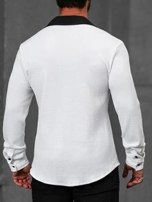 Manfinity CasualCool Men's Contrast Color Lapel Long Sleeve Single-Breasted Casual Shirt - Black and White - View 7