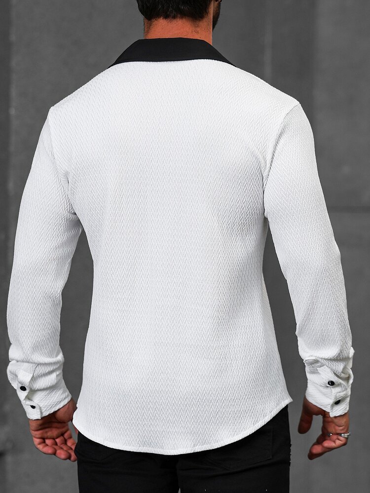 Manfinity CasualCool Camisa casual de manga larga de solapa de un solo pecho con contraste de color para hombres - Blanco y Negro - Añade 7