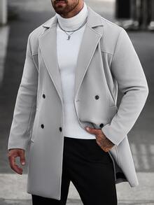 Manfinity CasualCool 男士純色鈕扣式長袖黑色大衣，秋冬風格 - 灰色 - 查看 8