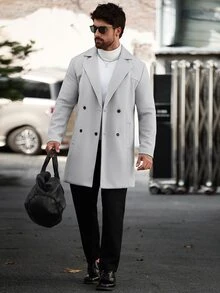Manfinity CasualCool 男士純色鈕扣式長袖黑色大衣，秋冬風格 - 灰色 - 查看 6