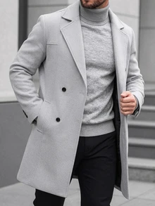 Manfinity CasualCool 男士純色鈕扣式長袖黑色大衣，秋冬風格 - 灰色 - 查看 2
