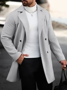 Manfinity CasualCool 男士純色鈕扣式長袖黑色大衣，秋冬風格 - 灰色 - 查看 9