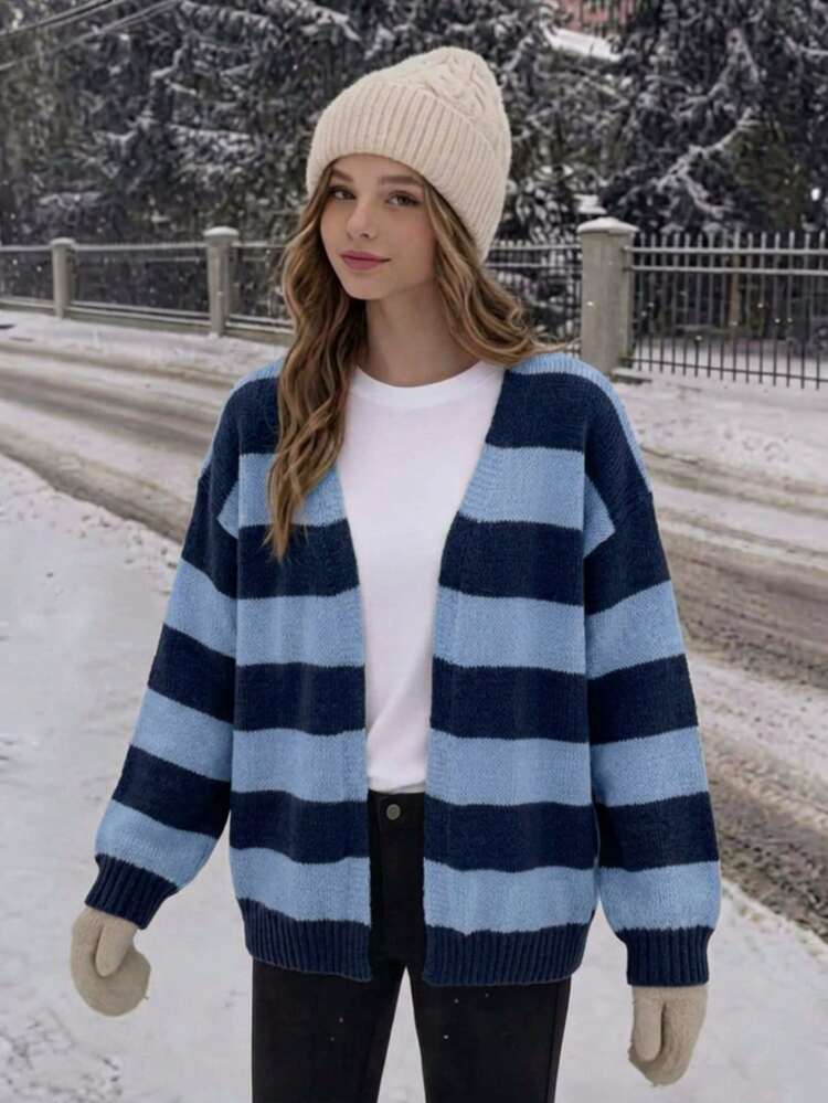 SHEIN 1pc Girls' Sweater Cardigan, Fashion Classic Color Block Striped V-Neck Drop Shoulder Long Sleeve, Casual Slouchy, Regular Thickness, Neat Hem - Navy Blue - View 1