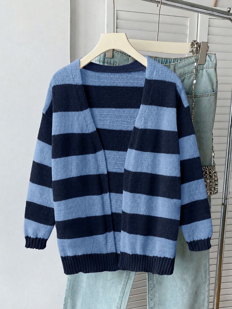SHEIN 1pc Girls' Sweater Cardigan, Fashion Classic Color Block Striped V-Neck Drop Shoulder Long Sleeve, Casual Slouchy, Regular Thickness, Neat Hem - Navy Blue - View 8