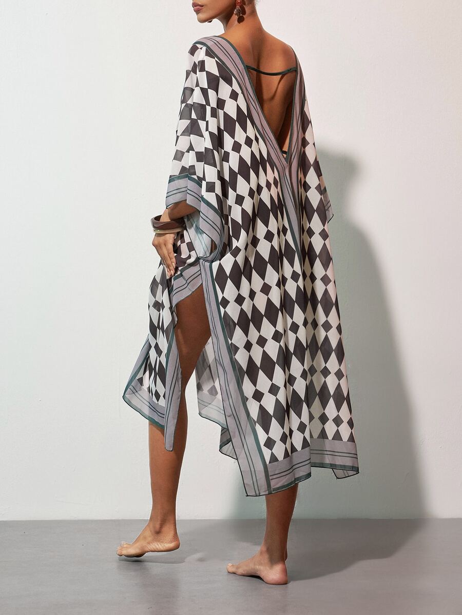 Zivah New Elegant Women's Brown-Tone Plaid Print Open Front Tie-Front Bohemian Vacation Long Robe Beach Cover-Up, Suitable For Multiple Occasions, Versatile For Autumn Commute, Travel, Party And Gathering