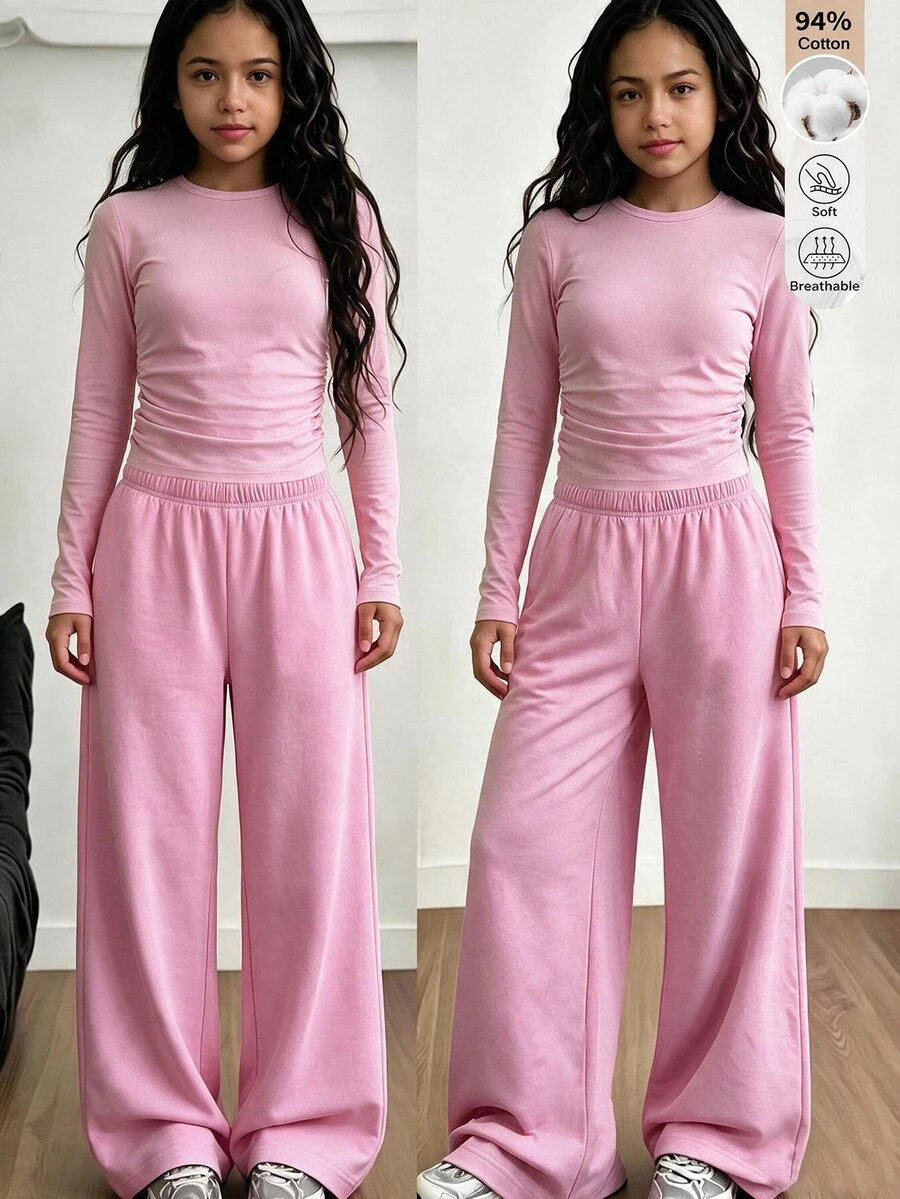 SHEIN Girls' Casual Comfortable Slim Fit Long Sleeve T-Shirt And Comfortable Elastic Waist Wide Leg Loose Pants 2 Pieces Set