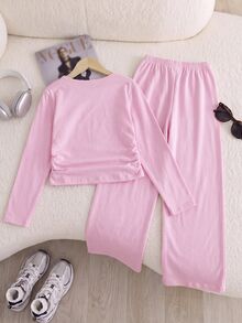 SHEIN Girls' Casual Comfortable Slim Fit Long Sleeve T-Shirt And Comfortable Elastic Waist Wide Leg Loose Pants 2 Pieces Set - Pink - View 3
