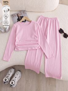 SHEIN Girls' Casual Comfortable Slim Fit Long Sleeve T-Shirt And Comfortable Elastic Waist Wide Leg Loose Pants 2 Pieces Set - Pink - View 5
