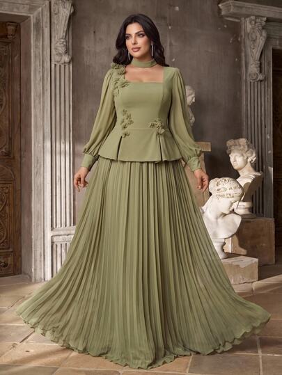 Aureia Plus Size Elegant Romantic Gray-Green Square Neck Puff Long Sleeve Sheer Shoulder Waist 3D Floral Decor 2 In 1 A-Line Heavy Embellished Evening Gown For Wedding Party Celebration Formal Occasion Event (Heavy Design)