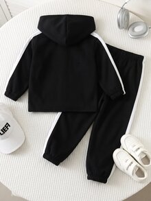 SHEIN 2件組兒童小男孩休閒日常百搭舒適拼接連帽半拉鍊套頭寬鬆長袖外套與寬鬆收口長褲梭織兩件套，適合學校、花園、海灘、生日，春/夏 - 黑色 - 查看 2