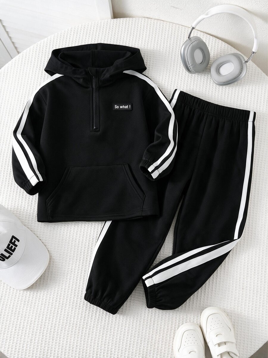 SHEIN 2件組兒童小男孩休閒日常百搭舒適拼接連帽半拉鍊套頭寬鬆長袖外套與寬鬆收口長褲梭織兩件套,適合學校、花園、海灘、生日,春/夏 - 黑色 - 查看 1